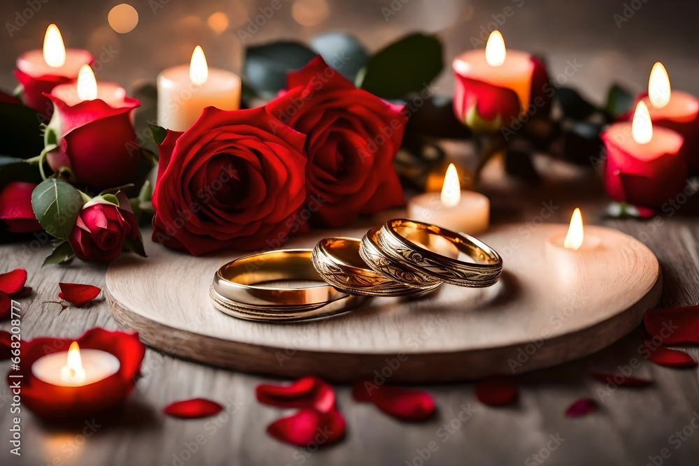 wedding rings with a background of red roses and candles on the table