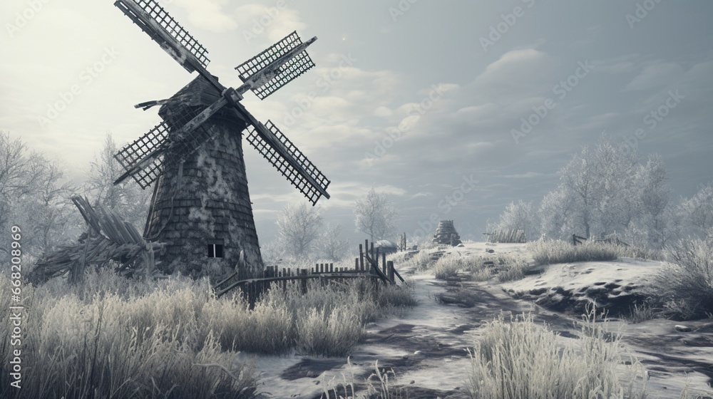 An old, weathered windmill in a peaceful, snow-covered countryside.