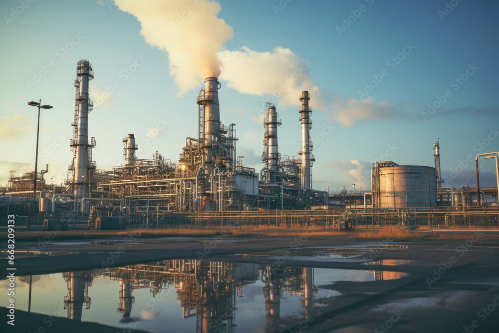 petrochemical refinery, where advanced engineering processes oil and gas to produce energy resources such as gasoline, even as environmental concerns about pollution loom large.