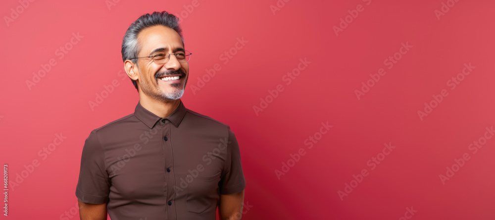 Obraz premium A confident and happy middle-aged Hispanic man with a charming smile. He stands in an isolated space with a casual red background, radiating positivity.