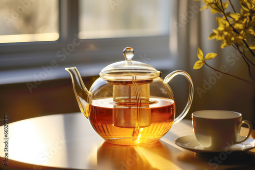 A steaming cup of traditional Chinese black tea, perfect for a morning refreshment outdoors.