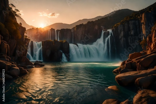 a waterfall, falling from the mountains, boat in the water, sunset view, rocks around the water, beautiful nature view