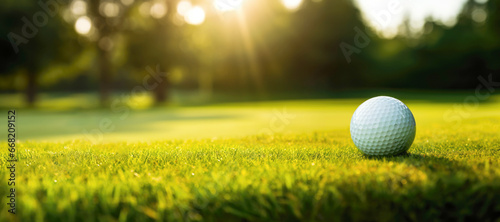 a golf ball resting on the pristine green grass, symbolizing leisure and sport in a summer setting, with copy space.