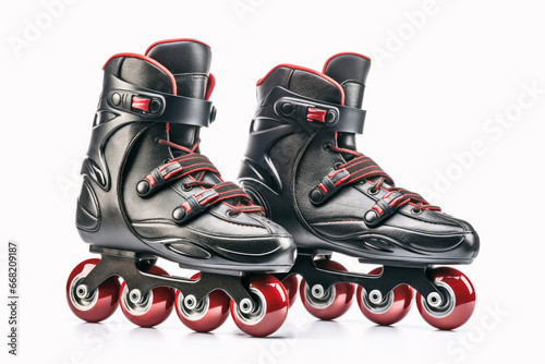 A closeup of roller skates isolated against a white background in a park, showcasing the fun and active roller skating lifestyle.