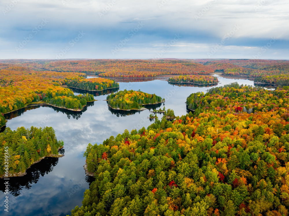 High angle view of a lake with islands and fall colour