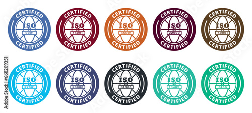 ISO certified - set of vector labels. The International Organization for Standardization signs.