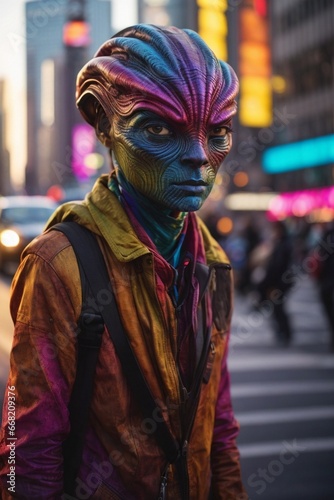 a man with a colorful alien head standing in the middle of a city