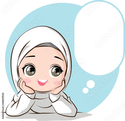 Cute muslim girl in white hijab looking at balloon speech.Vector cartoon. illustration.
