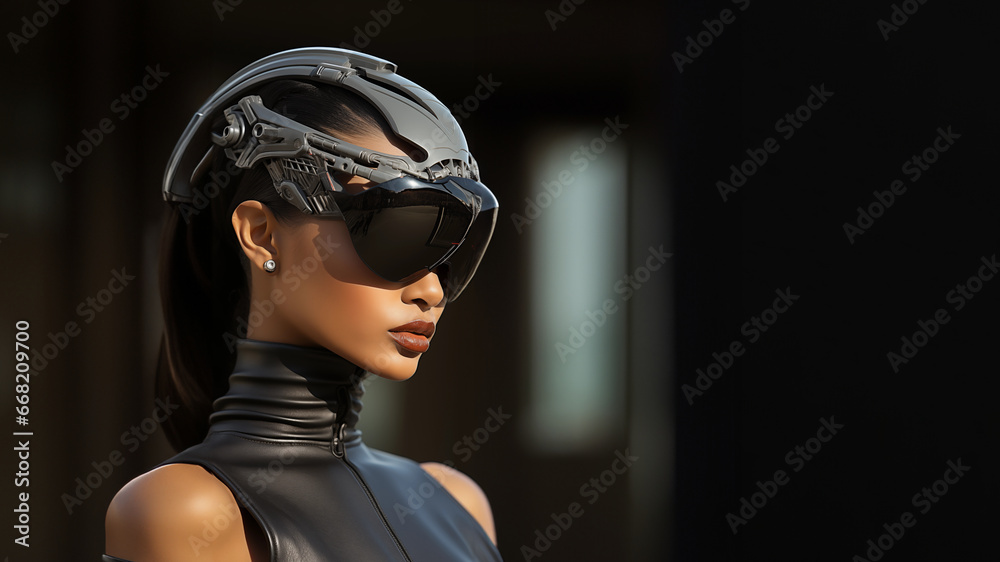 Model Frau mit schwarzen Leder und Lack Designer Kleidung und futuristischer Cyberspace Brille Porträt, ai generativ Model Frau mit schwarzen Leder und Lack Designer Kleidung und futuristischer Cyberspace Brille Porträt, ai generativ
