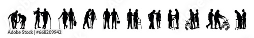Set of caregivers helping older senior people with walking aid vector silhouette collection.