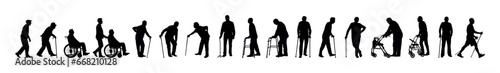Silhouette set of senior old man with walking aid flat vector collection.