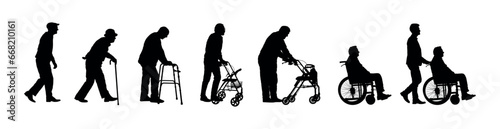 Set of senior man with walking aid side view in row vector silhouettes collection.