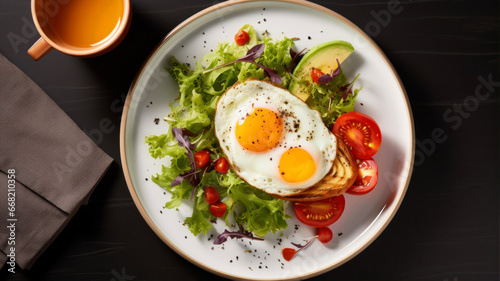 Breakfast with fried egg, avocado, cherry tomatoes and lettuce on a plate