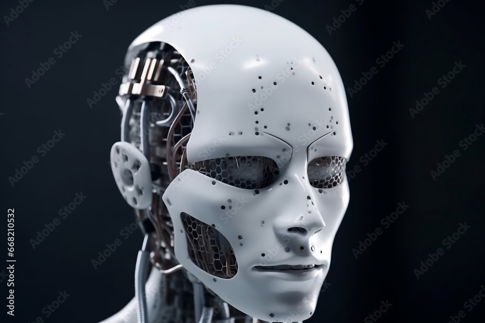 Portrait of autonomous robot with artificial intelligence and human mask on the face generative ai Portrait of autonomous robot with artificial intelligence and human mask on the face generative ai
