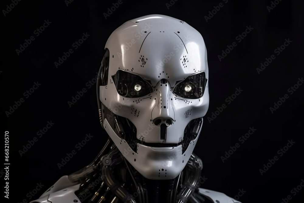 Portrait of autonomous robot with artificial intelligence and human mask on the face generative ai Portrait of autonomous robot with artificial intelligence and human mask on the face generative ai