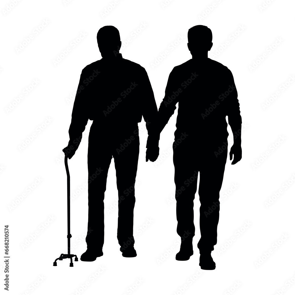 Young man helping senior man walking with quad cane walking aid vector ...