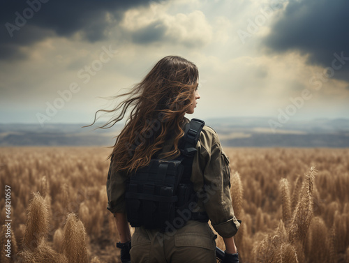 Serene Israeli Woman in Natural Landscape with Beautiful Cloud-Filled Sky