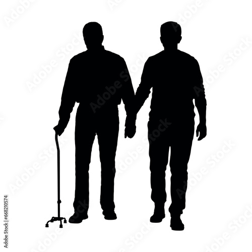 Young man helping senior man walking with quad cane walking aid vector silhouette. 