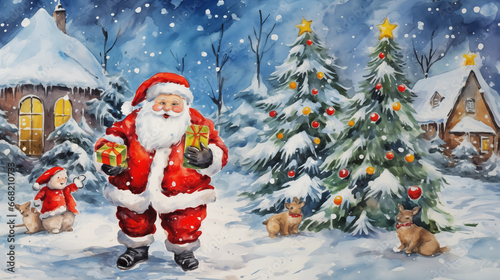 Santa Claus Walking with Children, Child's Drawing Style Santa Claus Walking with Children, Child's Drawing Style