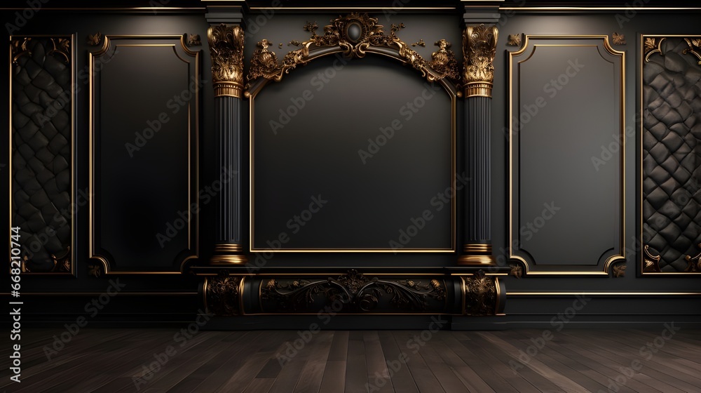 Background mock up luxury vintage black color wall with gold elements . - obrazy, fototapety, plakaty 