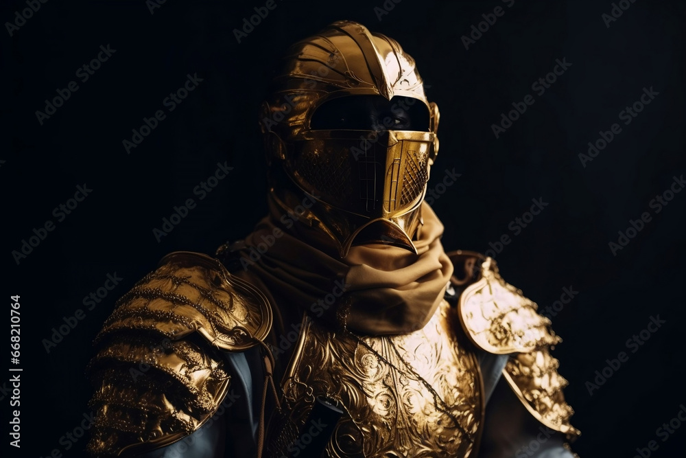 Portrait of elite soldier armed in golden white armor generative ai