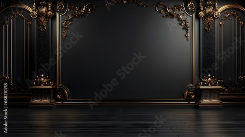 Background mock up luxury vintage black color wall with gold elements . photo