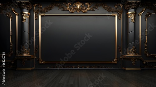 Background mock up luxury classic black color wall with gold elements and with frame .