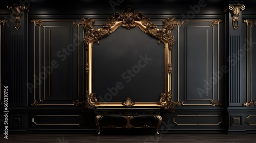Background mock up luxury classic black color wall with gold elements and frame . photo