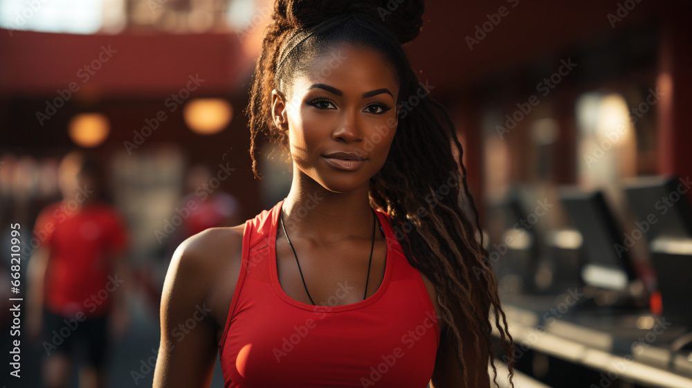 Portrait of female athlete in the gym. Slender and beautiful young woman doing gymnastics in a gym. African American athlete in her physical training. Concept of sport, health, wellness, gymnastics. - obrazy, fototapety, plakaty 