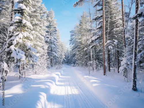 A beautifully untouched crosscountry skiing path winding through snowy landscapes in image 