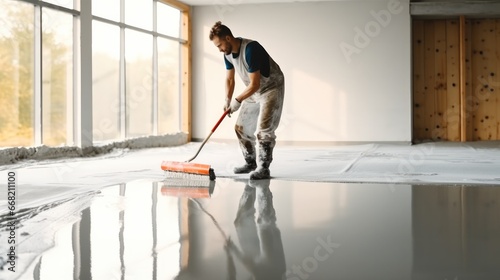 Construction worker use screed concrete epoxy for level mixture of cement floors.