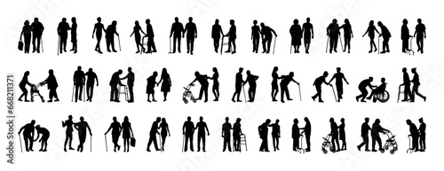 Young person helping elderly person walking with walking aids silhouette set collection. 