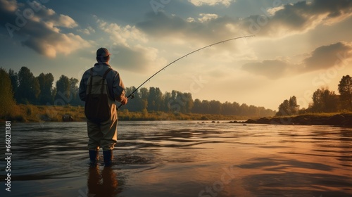 fisherman with a fishing rod catches fish on the river