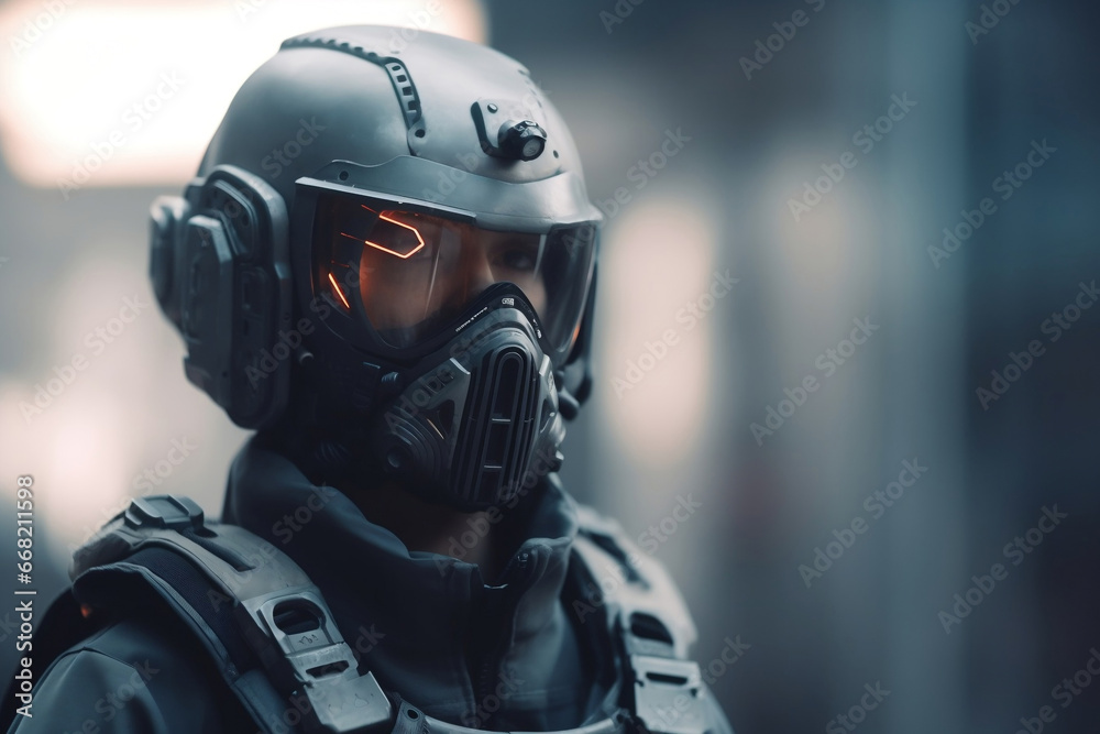 Portrait of futuristic armed soldier and blurred background generative ai
