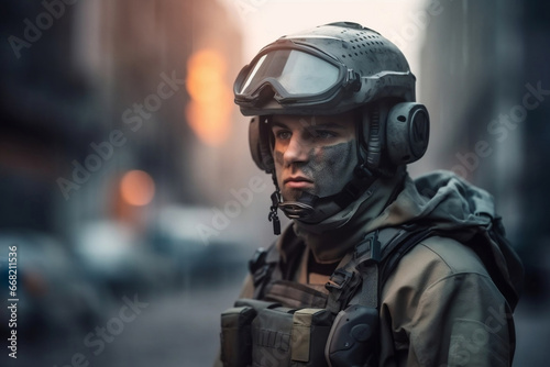 Portrait of futuristic armed soldier and blurred background generative ai © Tohamina