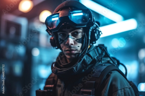 Portrait of futuristic armed soldier and blurred background generative ai © Tohamina