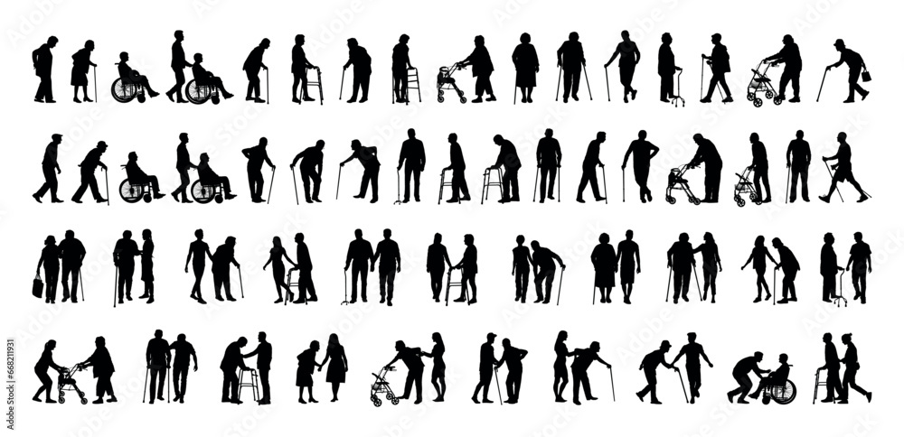 Senior people using walking aids silhouette set collection. Caregiver family helping elderly person using walking aid vector silhouette set. - obrazy, fototapety, plakaty 