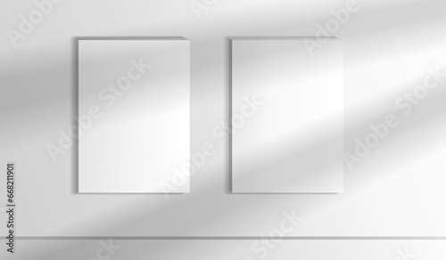 Mockup poster with shadow blinds from window. Mock up sheet paper. White empty blank. Vertical mockup. Light from window. Realistic reflected shadow on wall. Overlay effect. Shade jalousie.