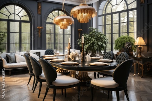 Luxury Villa indoor dining room with black chairs and gold chandelier.