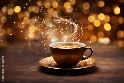 A cup of hot drink with steam against golden bokeh background