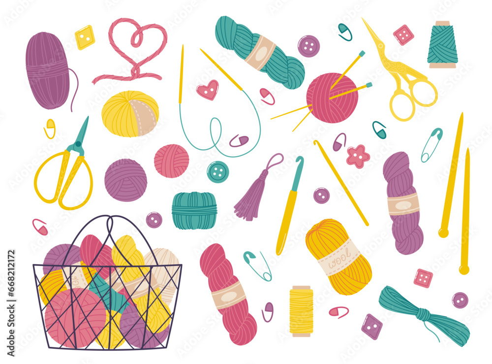 Set of knitting and crocheting elements and accessories. Flat style illustration of hobby objects Set of knitting and crocheting elements and accessories. Flat style illustration of hobby objects