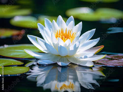 A serene white lily gracefully adrift on a tranquil body of water, captivating in its simplicity.