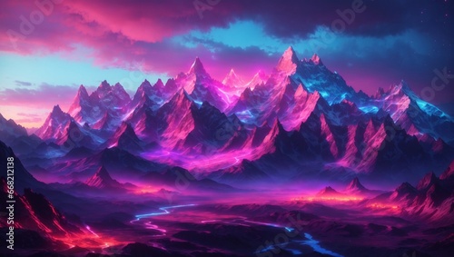 A neon-drenched mountain range at dusk, with glowing peaks casting an otherworldly radiance on the rugged terrain, creating a surreal natural spectacle.