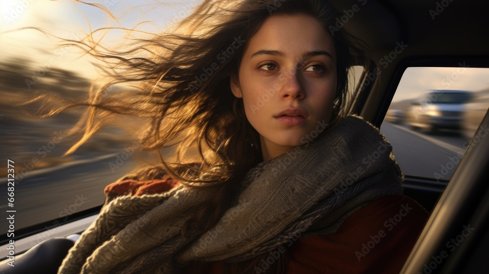 brunette pretty girl in scarf in car brunette pretty girl in scarf in car