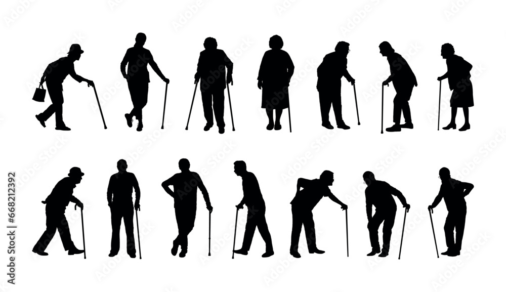 Elderly people with walking stick cane silhouette set collection. Silhouette set of old man and woman using walking aid. Elderly people with walking stick cane silhouette set collection. Silhouette set of old man and woman using walking aid.