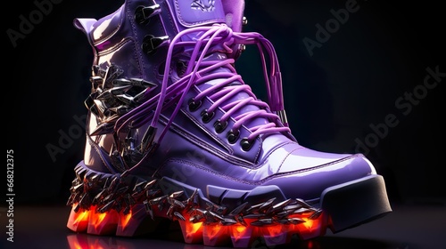 purple lace-up boots with side spikes and glowing red-orange sole on black background