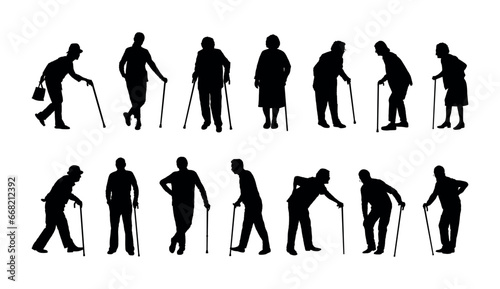 Elderly people with walking stick cane silhouette set collection. Silhouette set of old man and woman using walking aid.