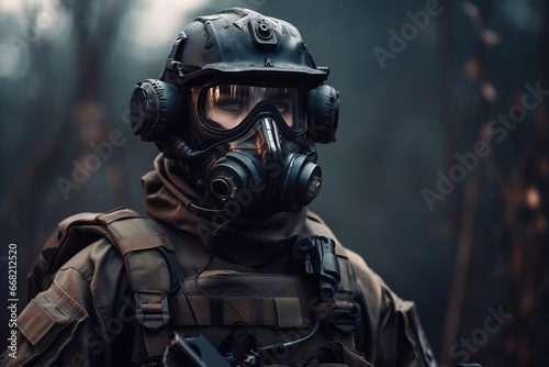 Portrait of futuristic armed soldier in the war zone generative ai