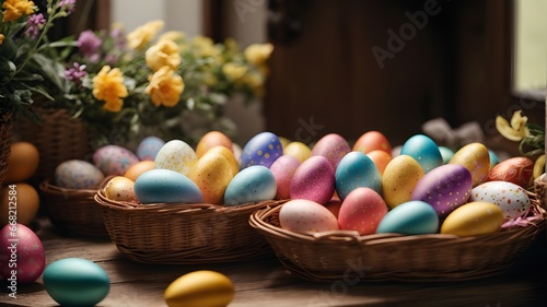 Easter eggs with different colors and designs represent the new year arrival