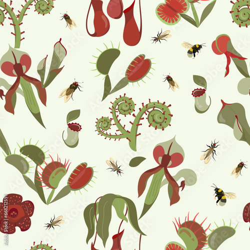 Beautifull tropical seamless pattern with carnivorous plants and insects. Summer print with unusual exotic Rafflesia, Nepenthes, Venus flytrap. Vector floral design with rare wild flowers and fly photo
